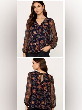 04. BCBGeneration Navy Sheer Floral V-Neck Blouse